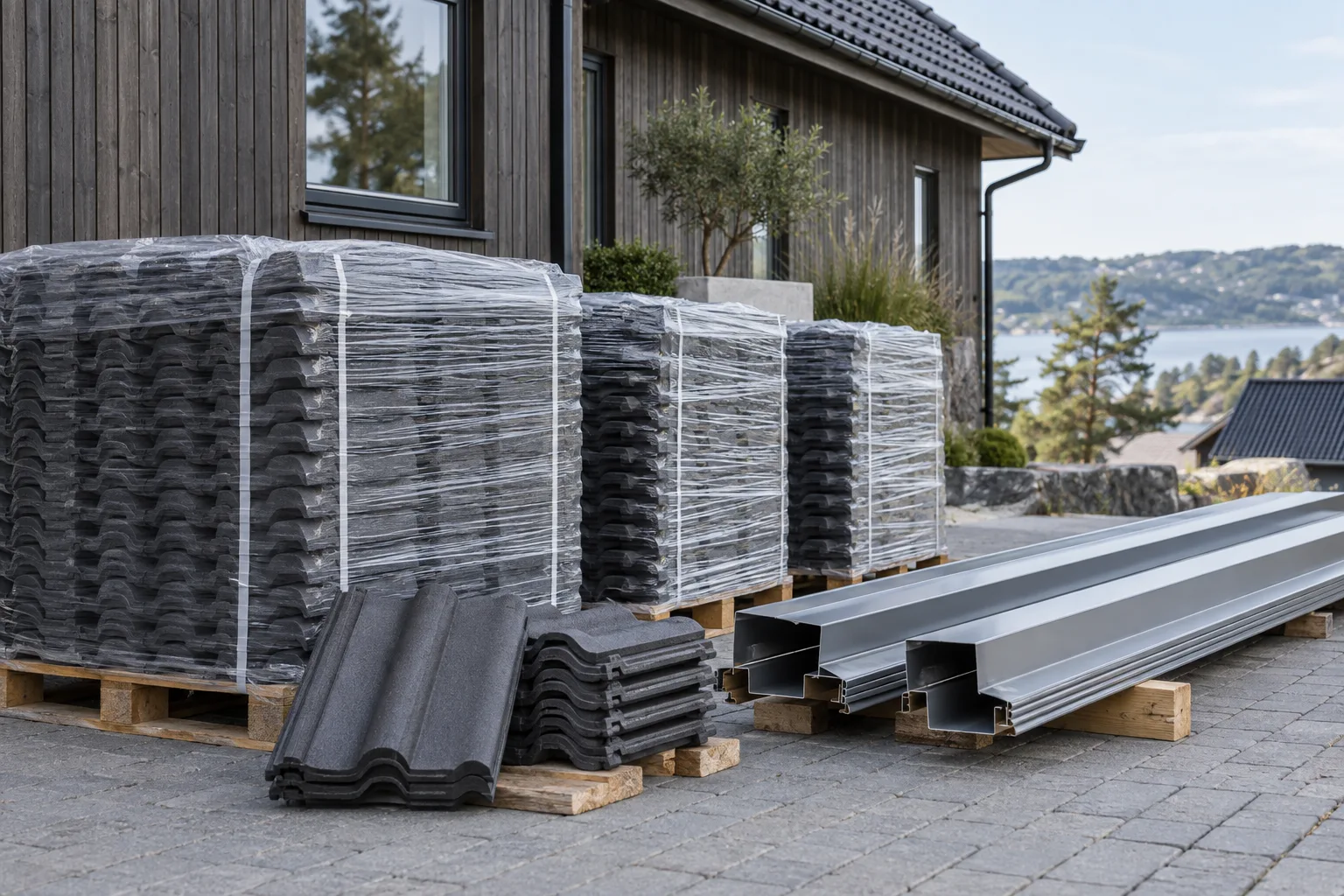 Paller med mørk takstein og lange metallprofiler ved et trehus.