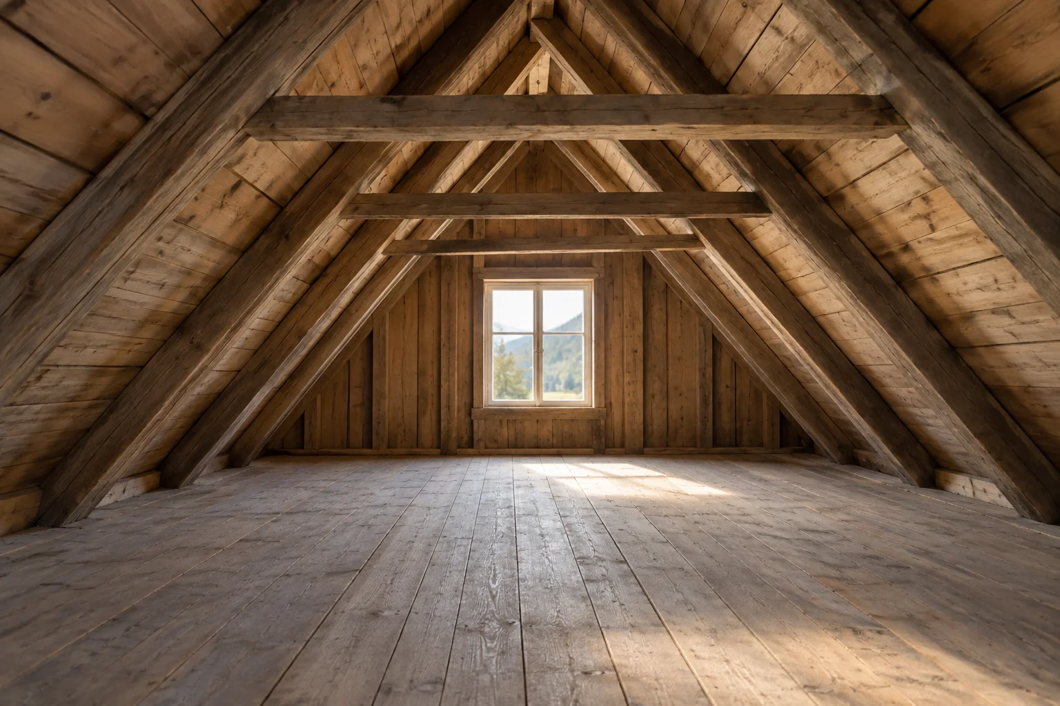 Et tomt loft med synlige skrå sperrer, hanebjelker og vannrett tregulv.