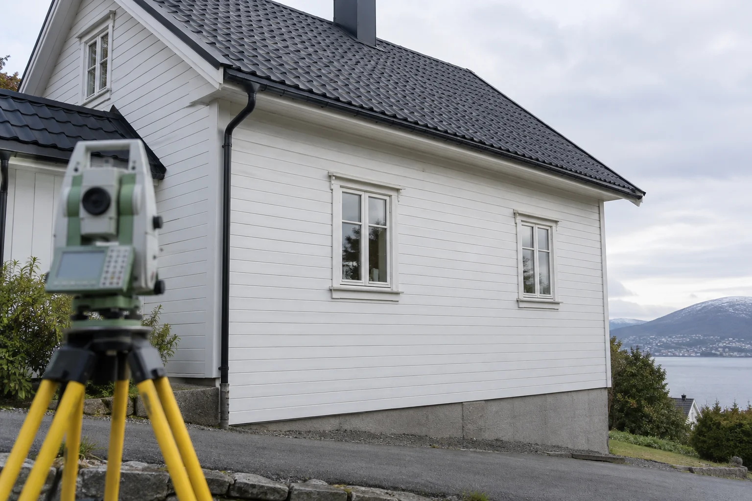 Landmålingsinstrument foran et hvitt trehus med tydelig takfot og skrånende terreng.